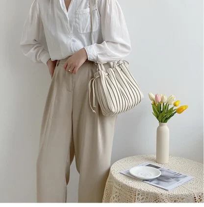 Pleated Drawstring Bucket Bag - Image 4