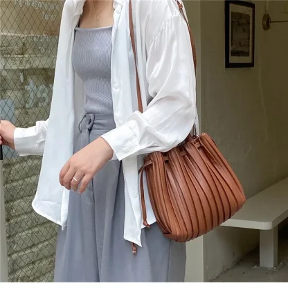 Pleated Drawstring Bucket Bag - Image 2