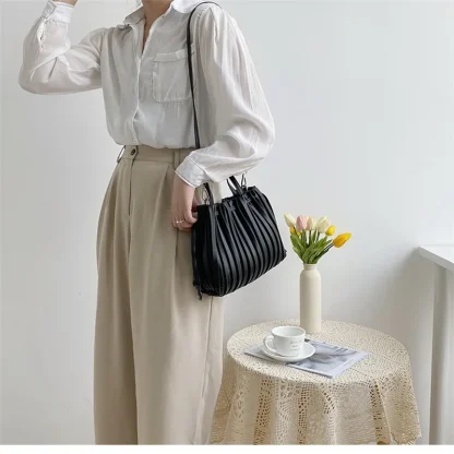 Pleated Drawstring Bucket Bag - Image 3